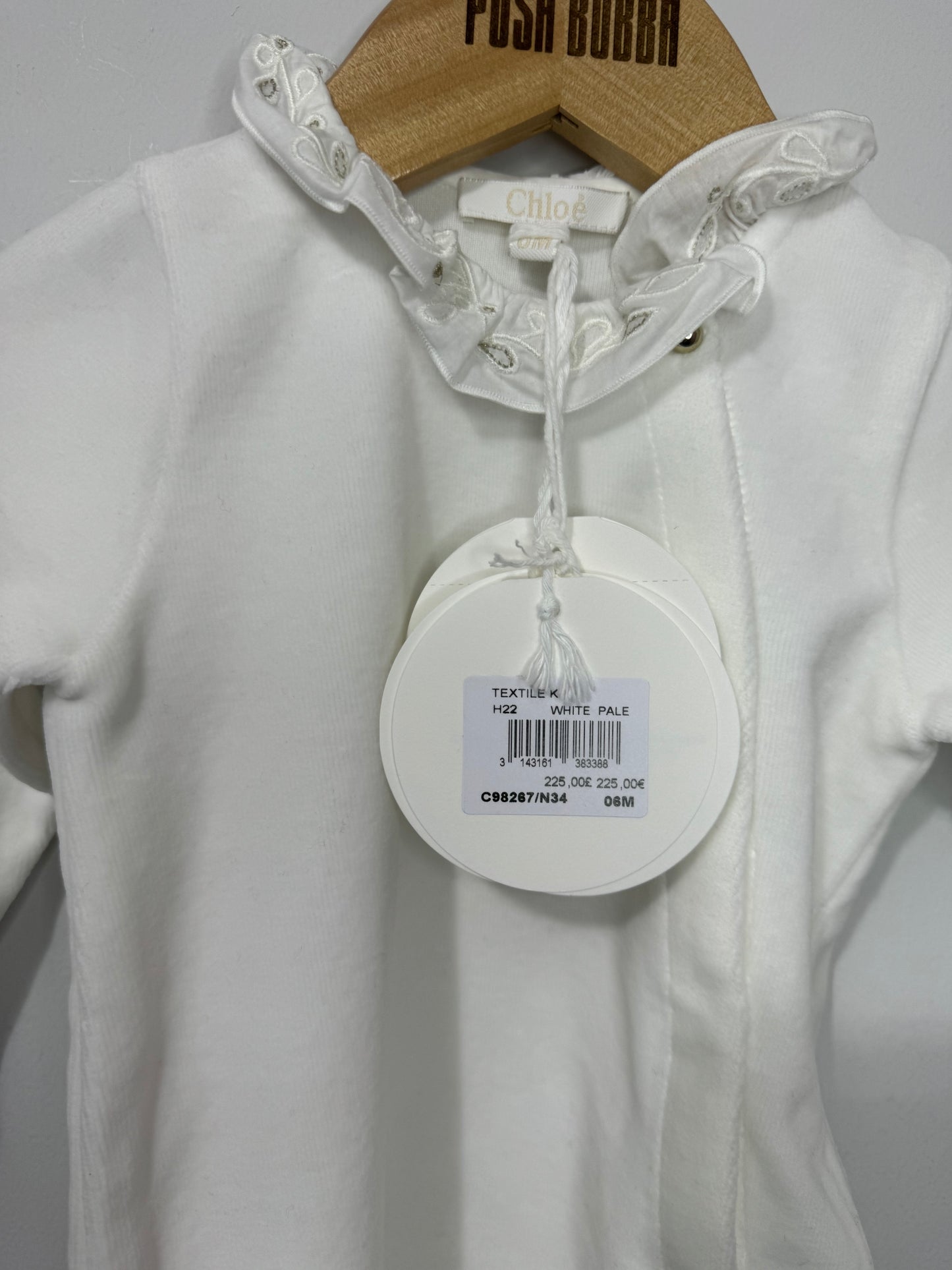 Chloe white babygrow 6m