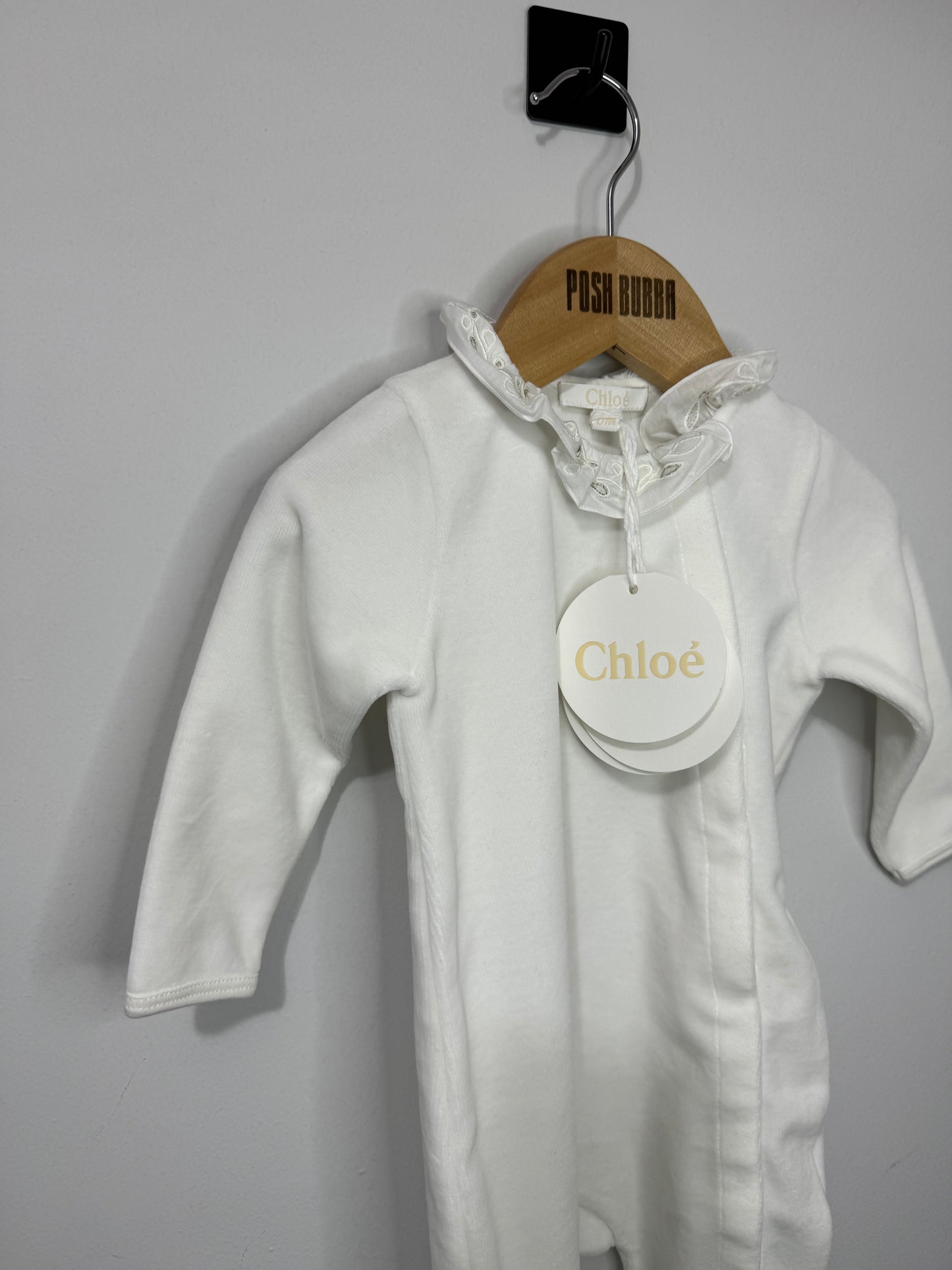 Chloe white babygrow 6m